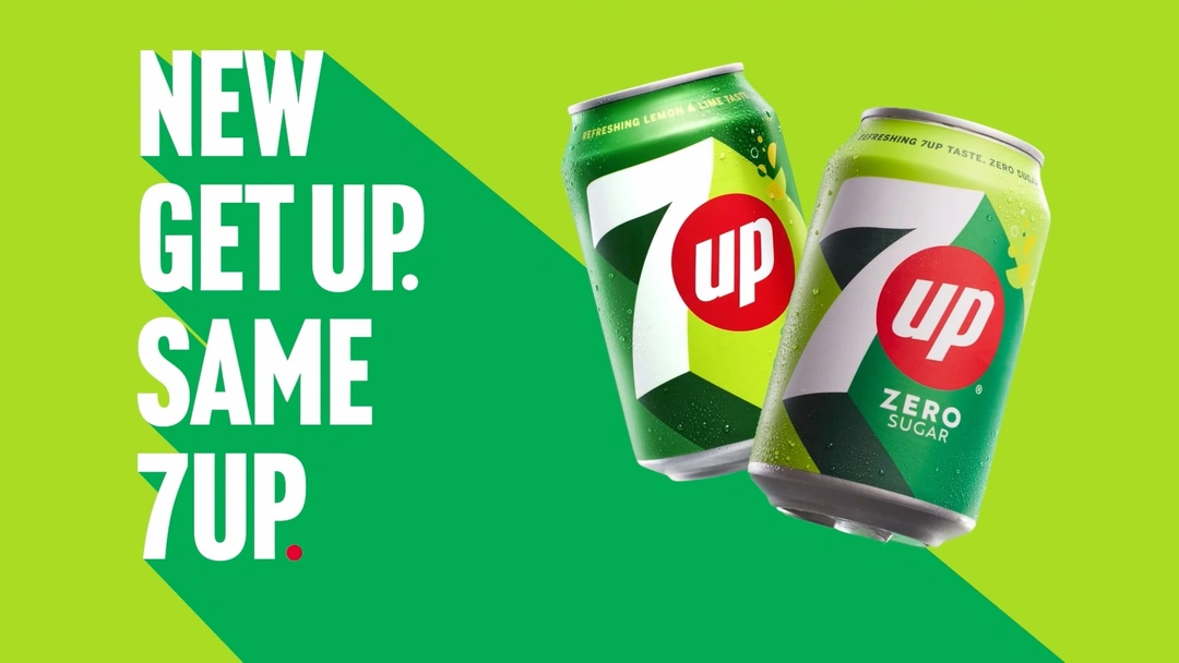 A project thumbnail poster for 7UP animated video. The scene features two cans of 7UP on a vibrant green background.