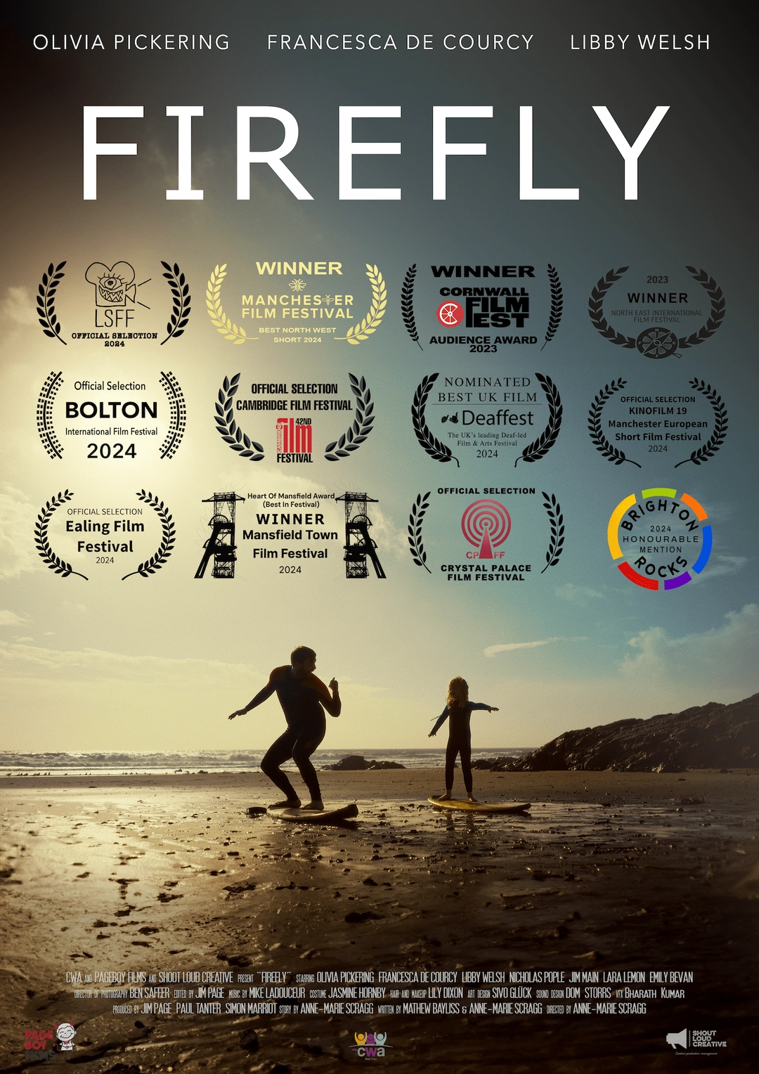 Poster thumbnail for Firefly showing a young girl and her father on surfboards on the beach with a dramatic sky behind.