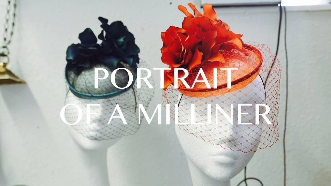 Project thumbnail for short-film Portrait Of A Milliner featuring the title of the film and two hats on head stands.