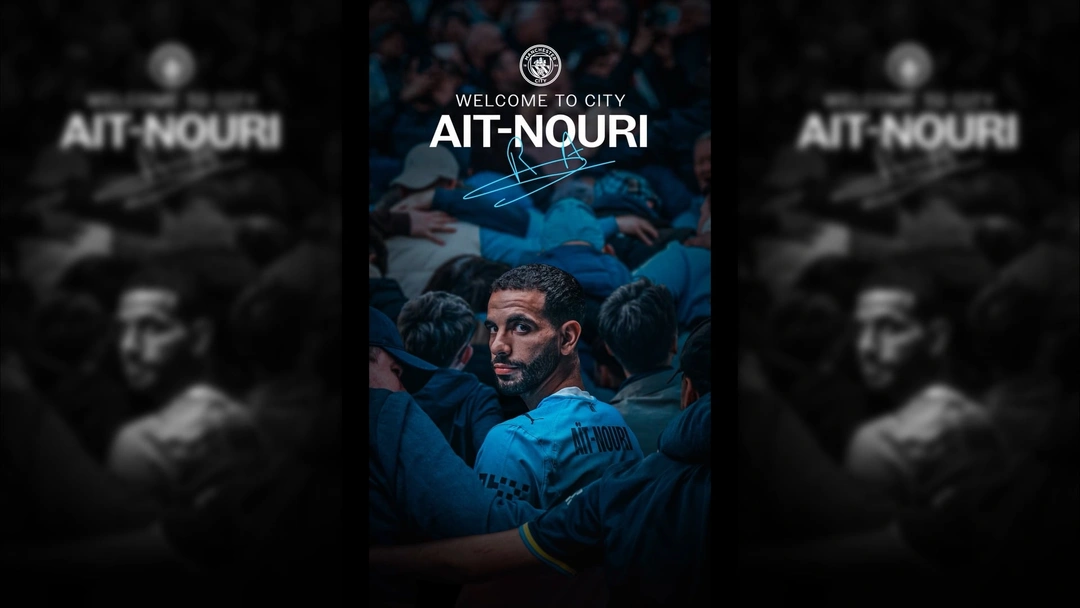 Project thumbnail for Rayan Ait-Nouri announcement video featuring the footballer looking back towards the camera with his signature over the top.