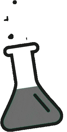 A monochrome illustration of a chemical beaker with liquid inside and bubbles coming out of the top.